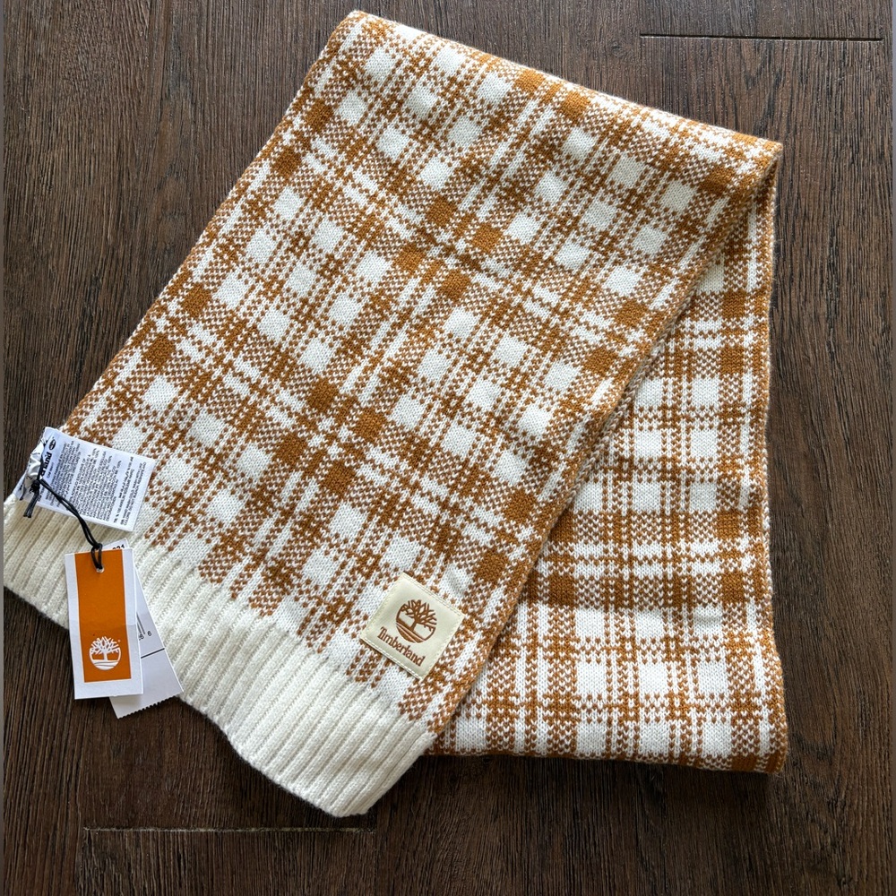 NWT Timberland Buffalo Plaid Scarf Brown Beige White One Size 10”X 64”